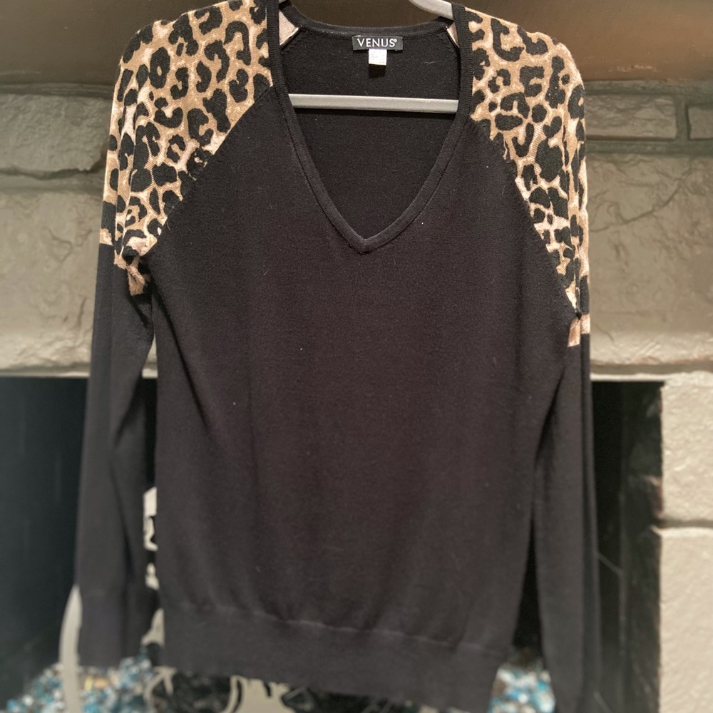 Black V-Neck Sweater with Leopard Shoulders.